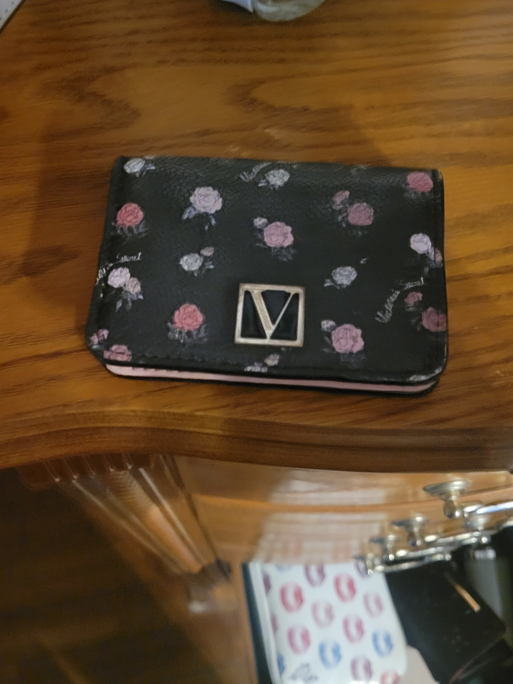 Victoria's Secret Black Wallet with Pink and Light Purple Rose Print